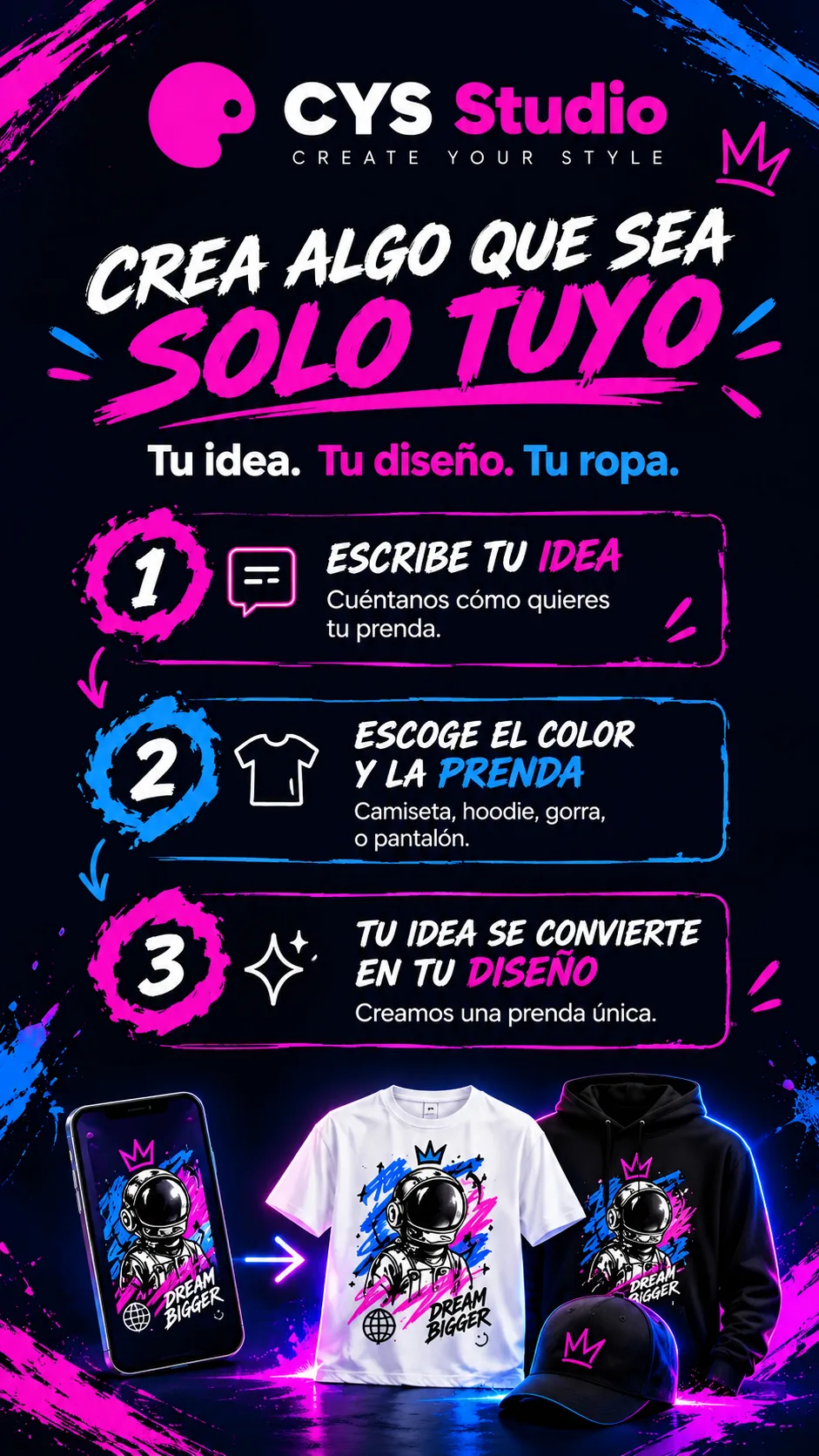 Cómo funciona: 1. Escribe tu idea, cuéntanos cómo quieres tu prenda. 2. Escoge el color y la prenda. 3. Tu idea se convierte en tu diseño: creamos una prenda única.