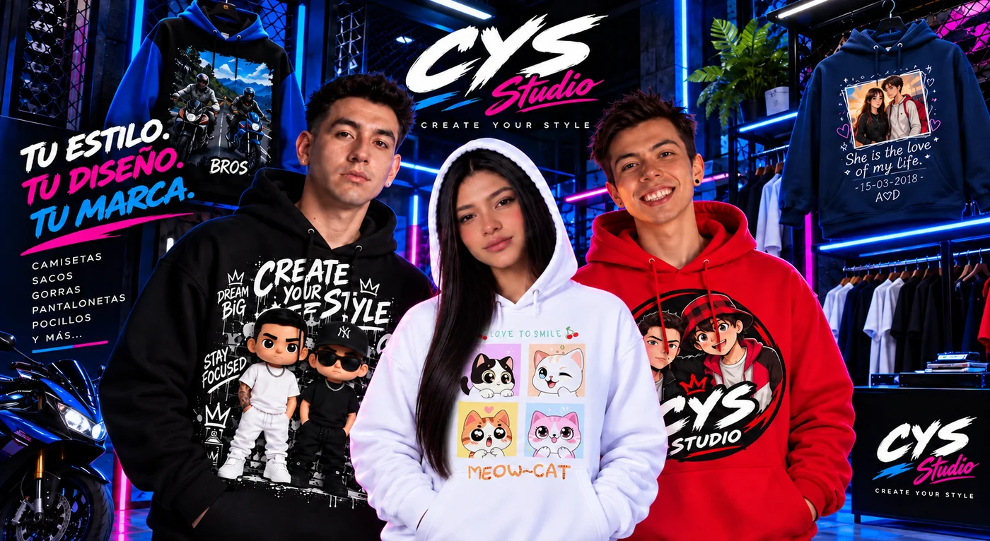 CYS Studio · Tu estilo. Tu diseño. Tu marca. Camisetas, sacos, gorras, pantalonetas, pocillos y más